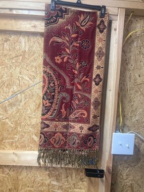 Burgundy Paisley Floral Fringed Shawl